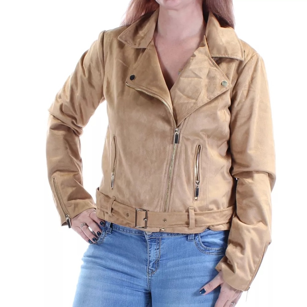 Wildflowers Women’s Long Sleeve Faux Suede Tan Moto Zipper Jacket, Large